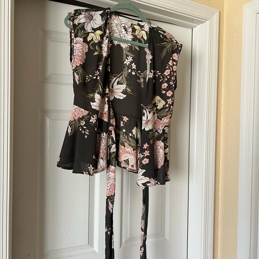 LOFT Green and Pink Floral wrap Blouse